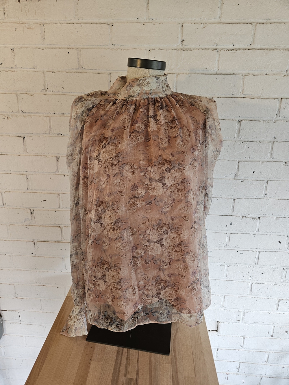 En Saison Romantic Sheer Floral Mock Neck Smocked Blouse in Muted Peach L